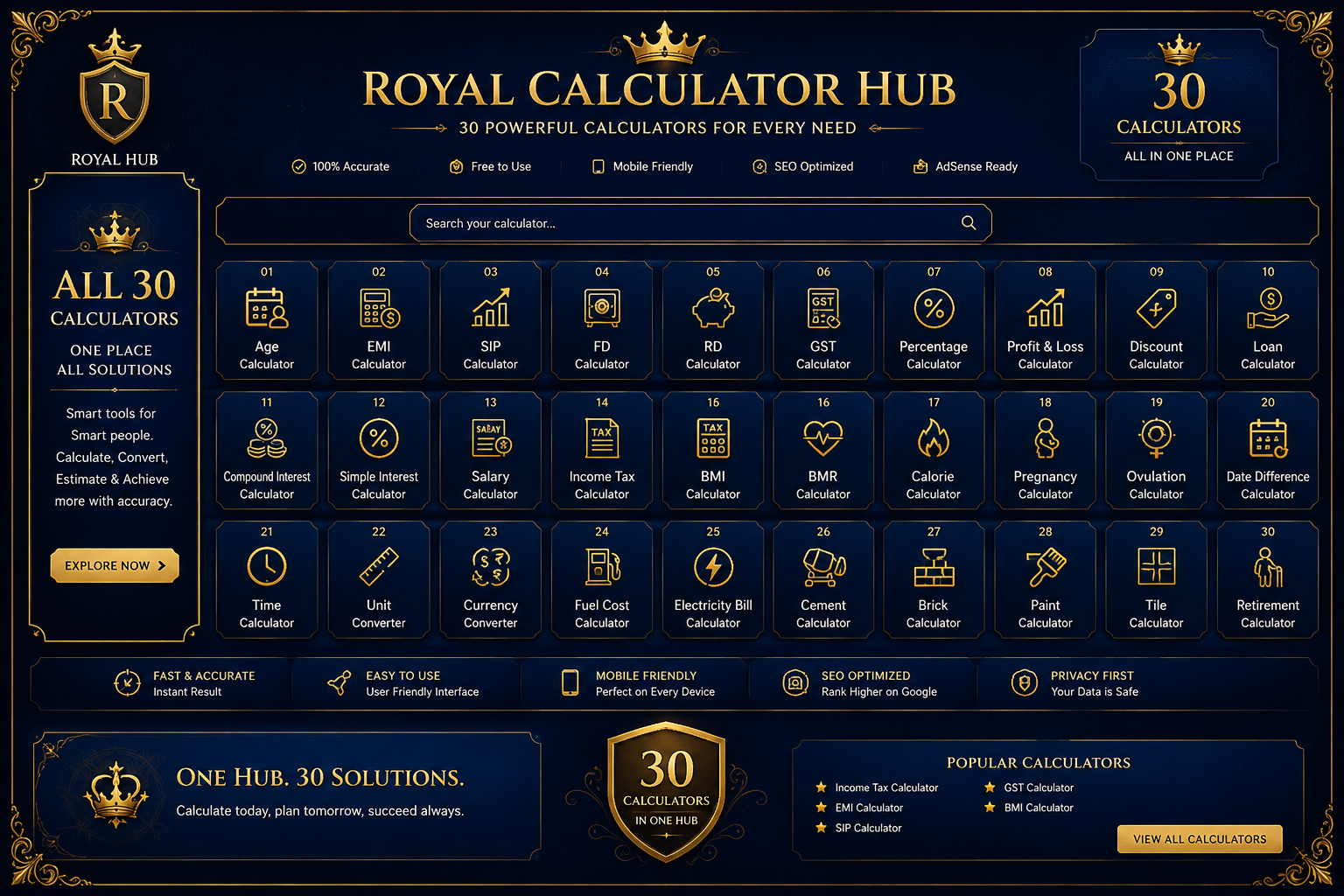 SmartCalc Pro – 30 Premium Calculator Tools Bundle for Blogger | Royal UI/UX + AdSense Ready